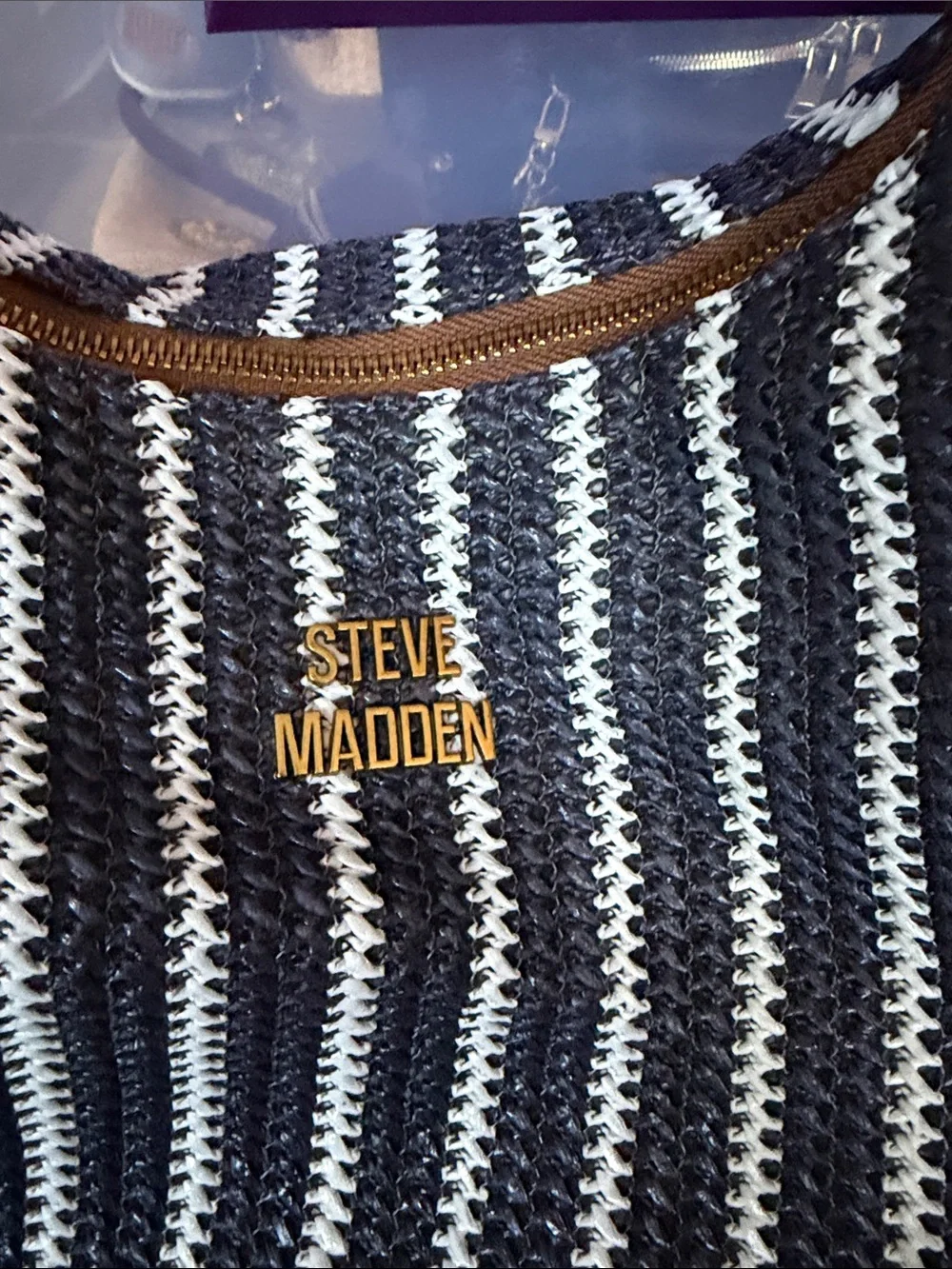 Steve Madden Black & White Striped Hobo with Brown Trim and Gold Accents